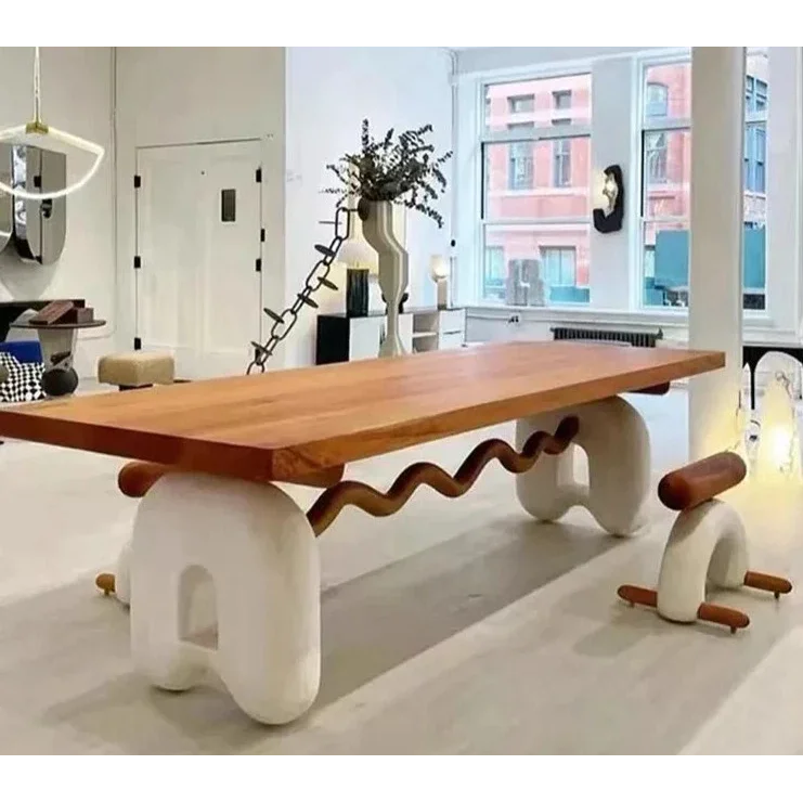 Modern Sculptural Dining Table – Solid Wood Top with Curved Stone base design