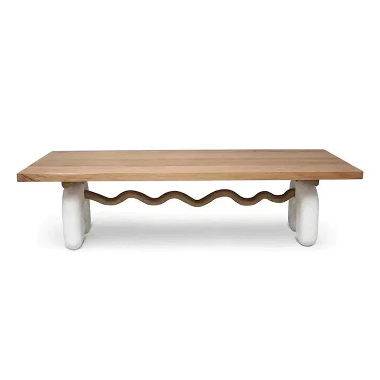 Modern Sculptural Dining Table – Solid Wood Top with Curved Stone base design