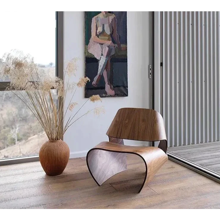 Modern Sculptural Lounge Chairs with Curved Wood Design Minimalist Accent in Black Walnut and Natural Finish