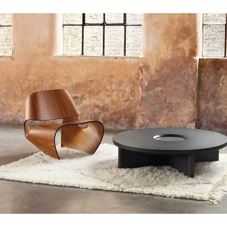 Modern Sculptural Lounge Chairs with Curved Wood Design Minimalist Accent in Black Walnut and Natural Finish