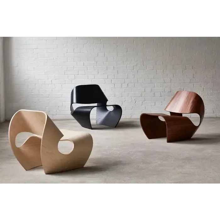 Modern Sculptural Lounge Chairs with Curved Wood Design Minimalist Accent in Black Walnut and Natural Finish