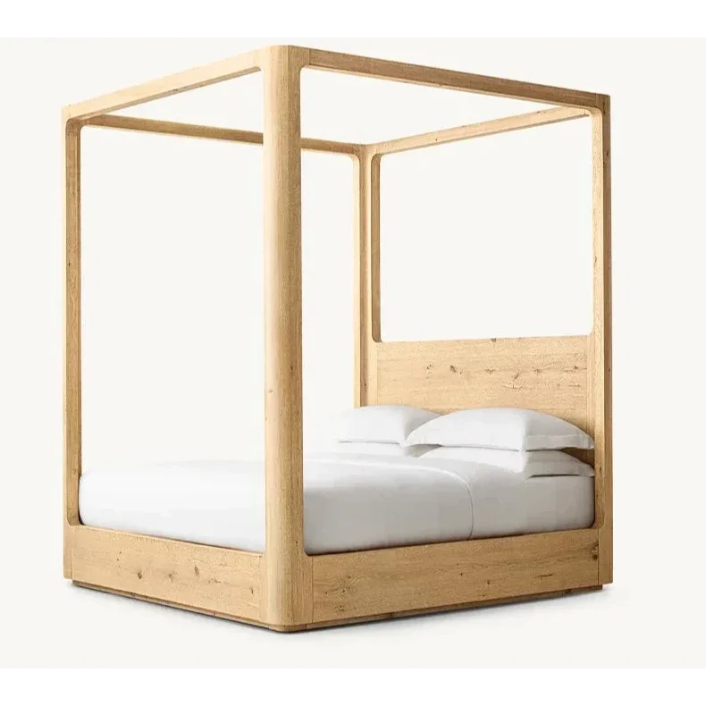 Modern Solid Oak Wood Canopy Bed – Minimalist Luxury Design with Walnut Finish