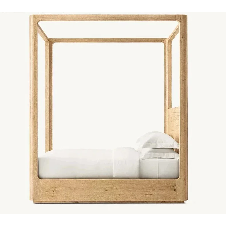 Modern Solid Oak Wood Canopy Bed – Minimalist Luxury Design with Walnut Finish