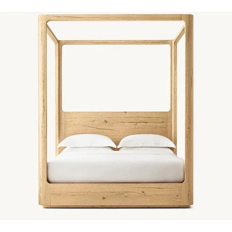 Modern Solid Oak Wood Canopy Bed – Minimalist Luxury Design with Walnut Finish