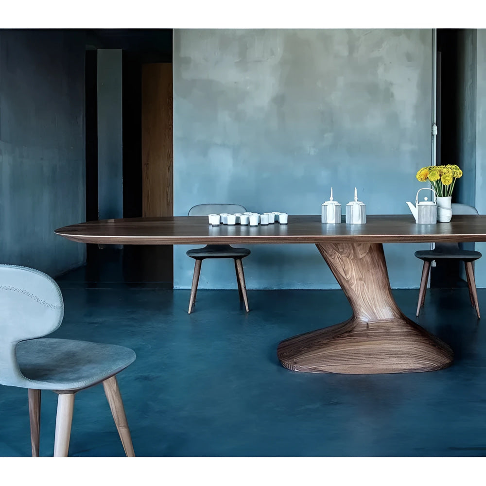Solid Wood Modern Dining Table with Sculptural Pedestal Base – Rectangular Walnut Finish 8-10 Seater