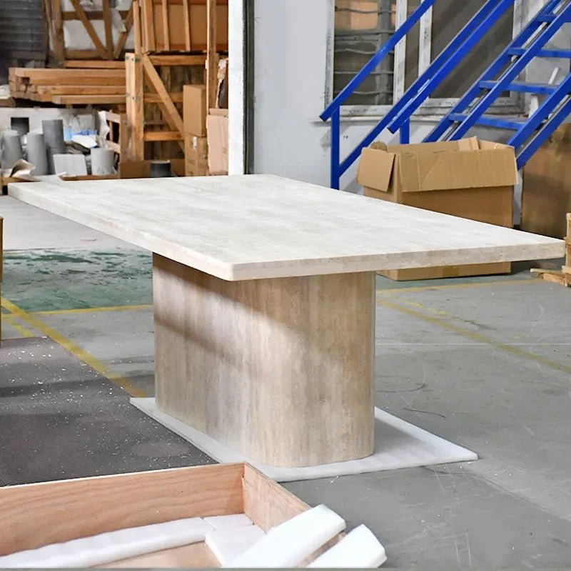 Rectangular Travertine Coffee Table with Minimalist Block Base – Natural Stone Centerpiece | Luxury Dining Room