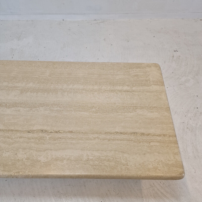 Rectangular Travertine Coffee Table with Minimalist Block Base – Natural Stone Centerpiece | Luxury Dining Room
