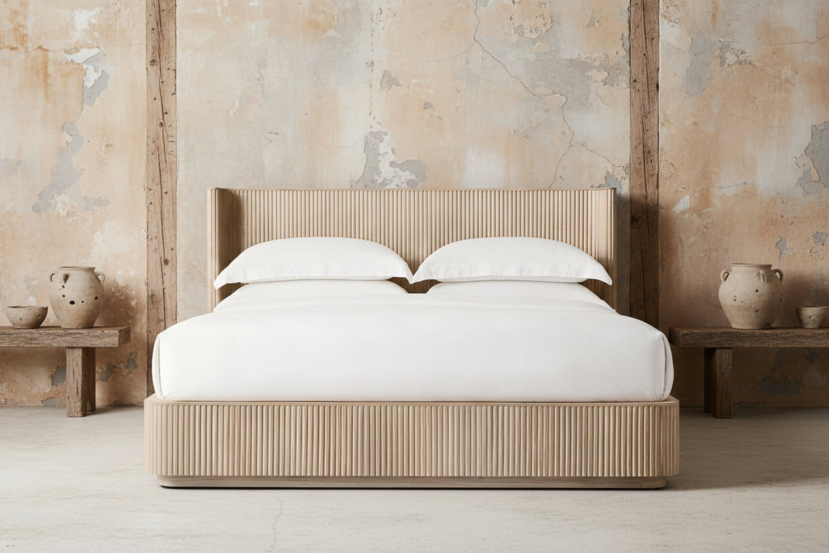Solid Oak Reeded Platform Bed with Wingback Headboard – Oak– Cal King ...