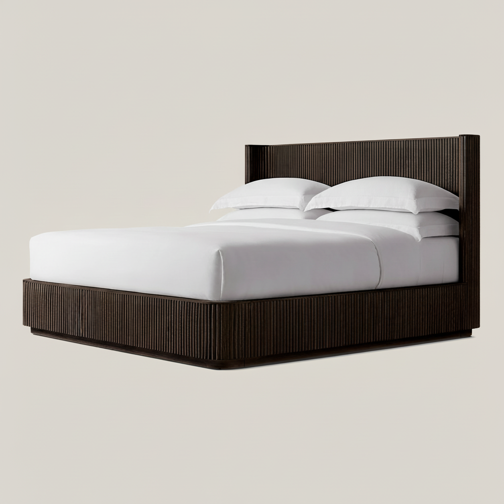 Fluted Oak Platform Bed | HLMPrhy58 - Double / Dark Walnut - Beds