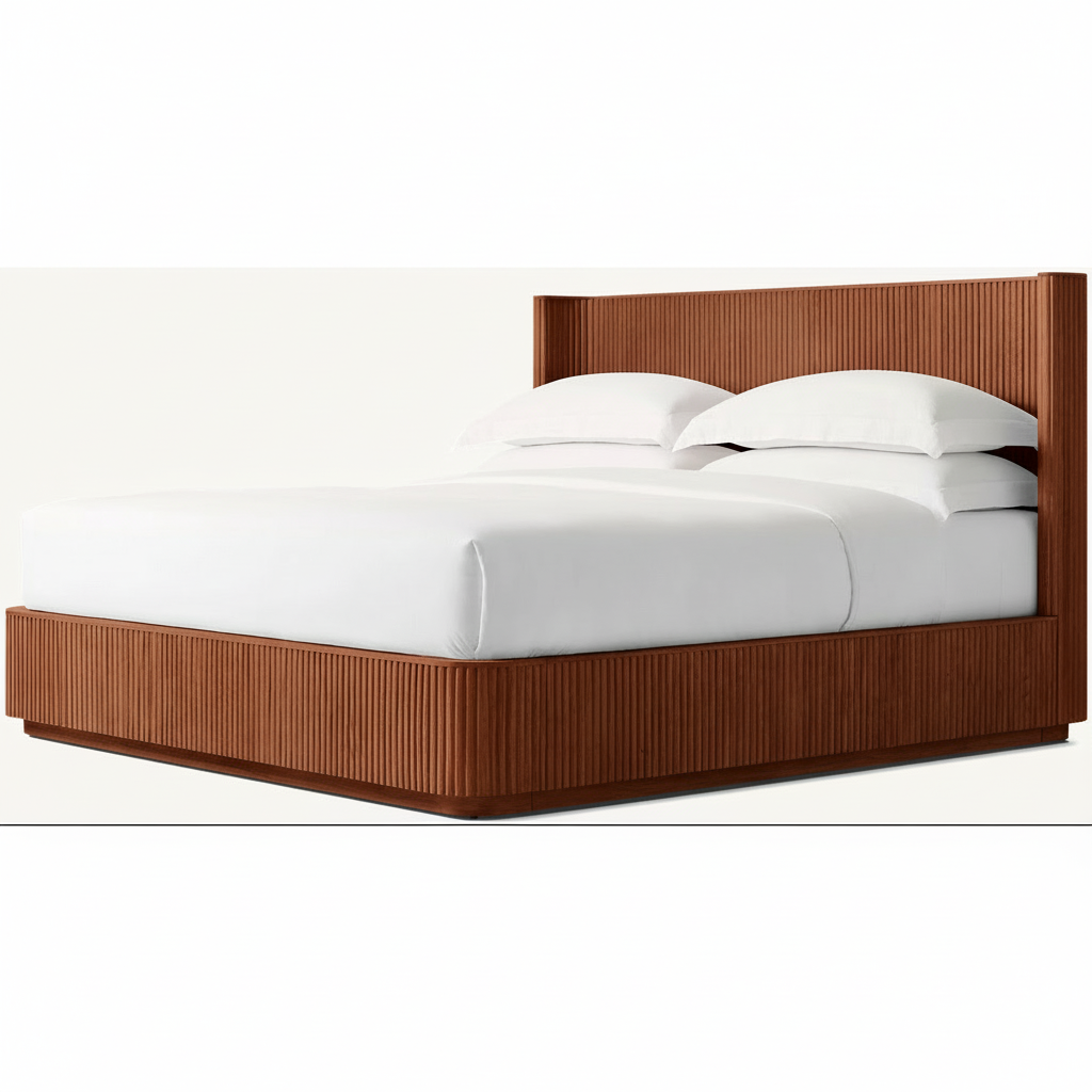 Fluted Oak Platform Bed | HLMPrhy58 - Double / Rosewood - Beds
