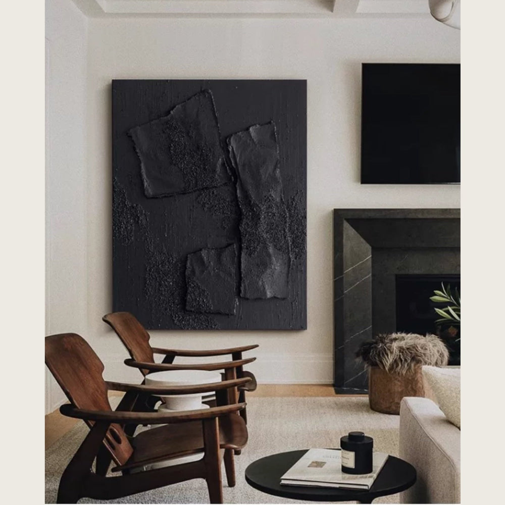 Obsidian Black Sandstone Modern Textured Wall Art 2-piece Abstract Canvas Panels for Living Room or Dining