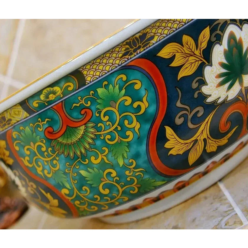 Hand-painted Ceramic Vessel Sink with Floral and Oriental Patterns | Luxury Bathrooms