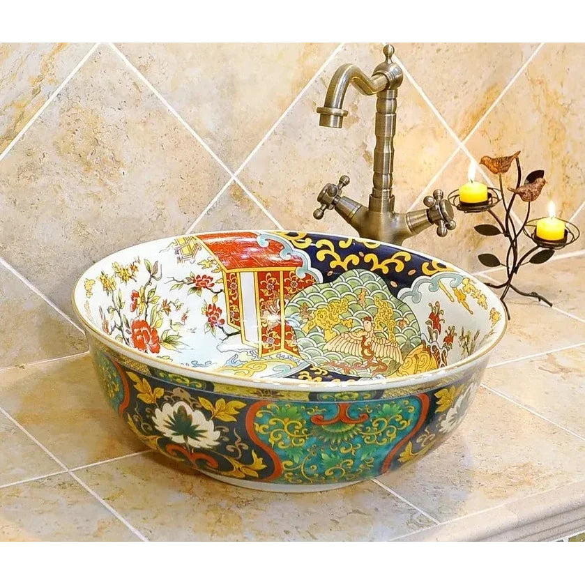 Hand-painted Ceramic Vessel Sink with Floral and Oriental Patterns | Luxury Bathrooms