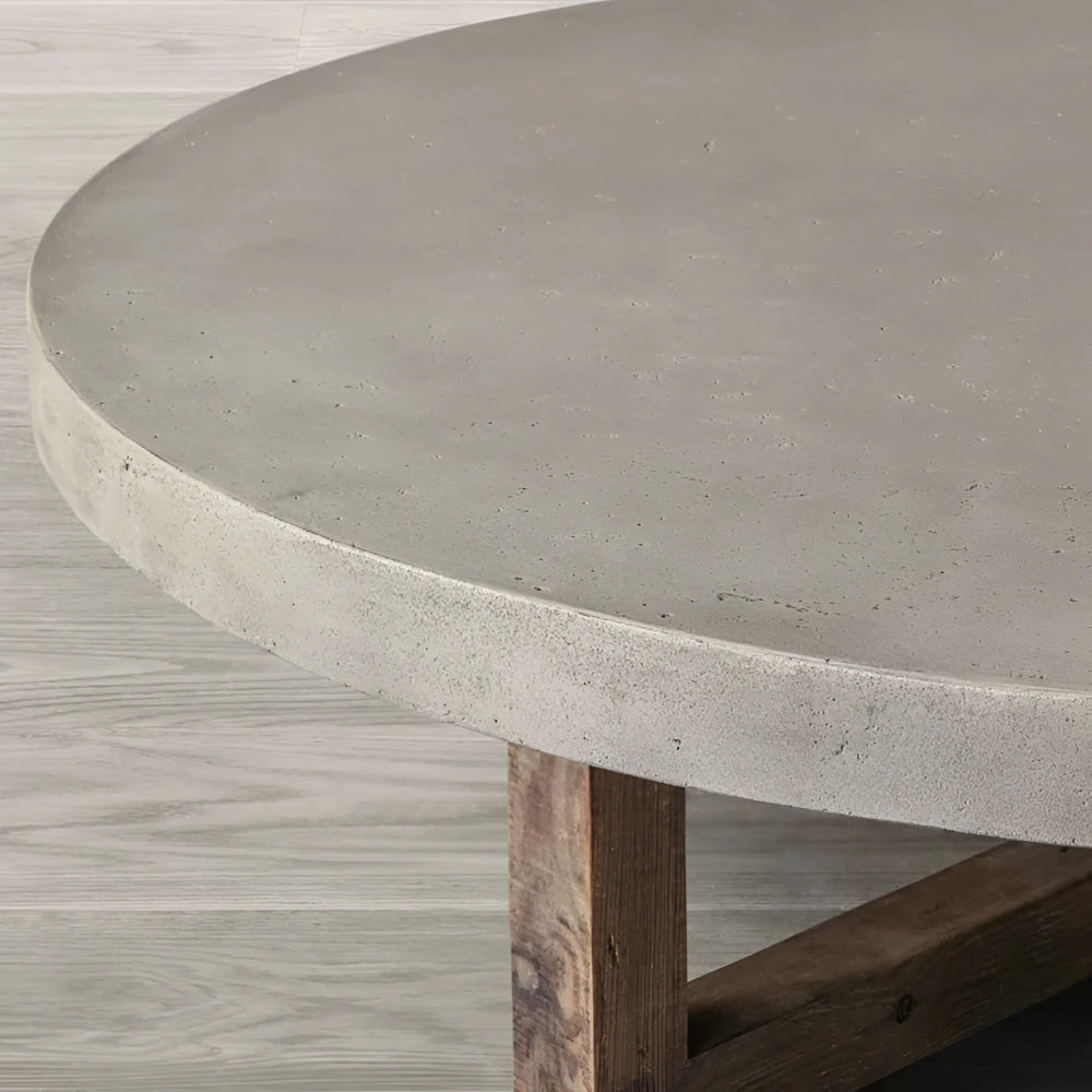 Japandi Round Coffee Table – Concrete Top with Rustic Pine Wood Cross Base 120cm Diameter