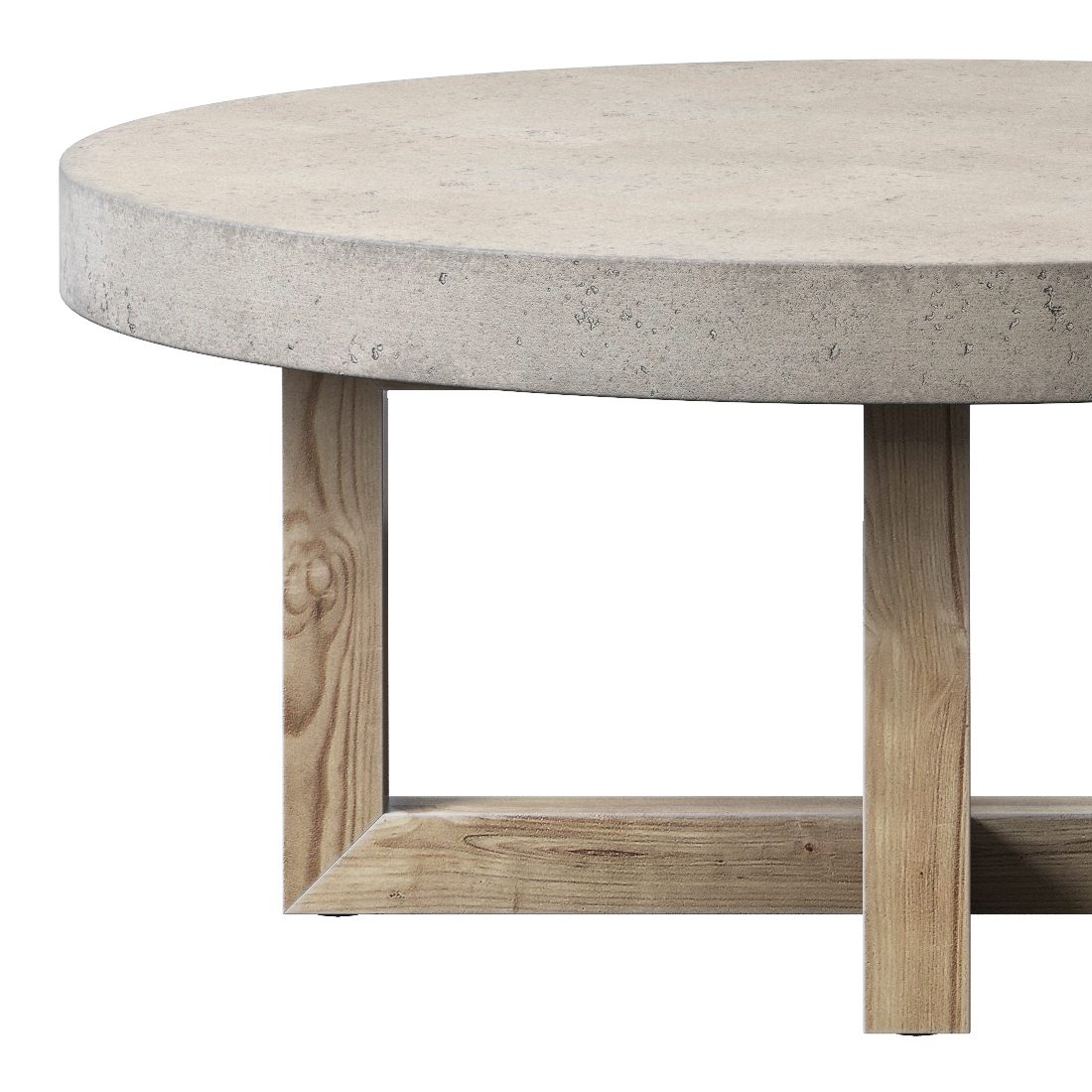 Japandi Round Coffee Table – Concrete Top with Rustic Pine Wood Cross Base 120cm Diameter