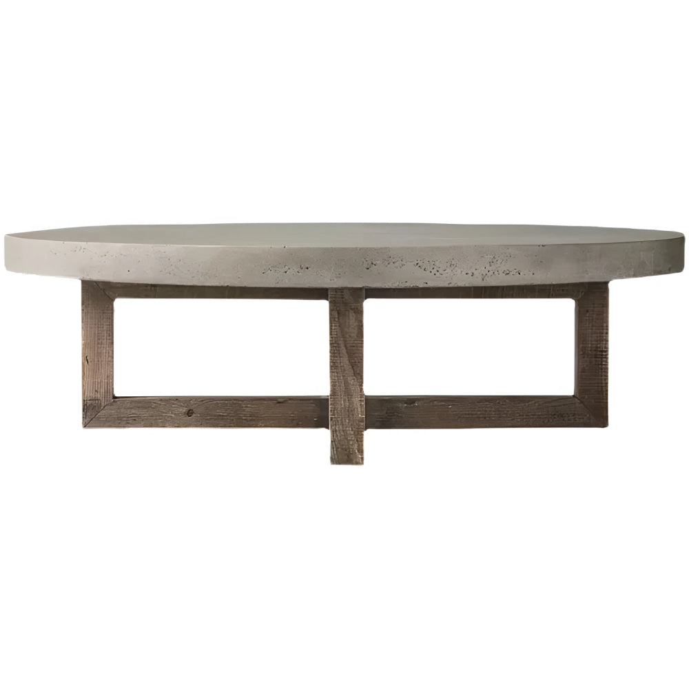 Japandi Round Coffee Table – Concrete Top with Rustic Pine Wood Cross Base 120cm Diameter