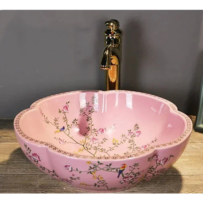 Luxury Pink Floral Ceramic Bathroom Sink – Handcrafted Elegance for Stylish Vanities