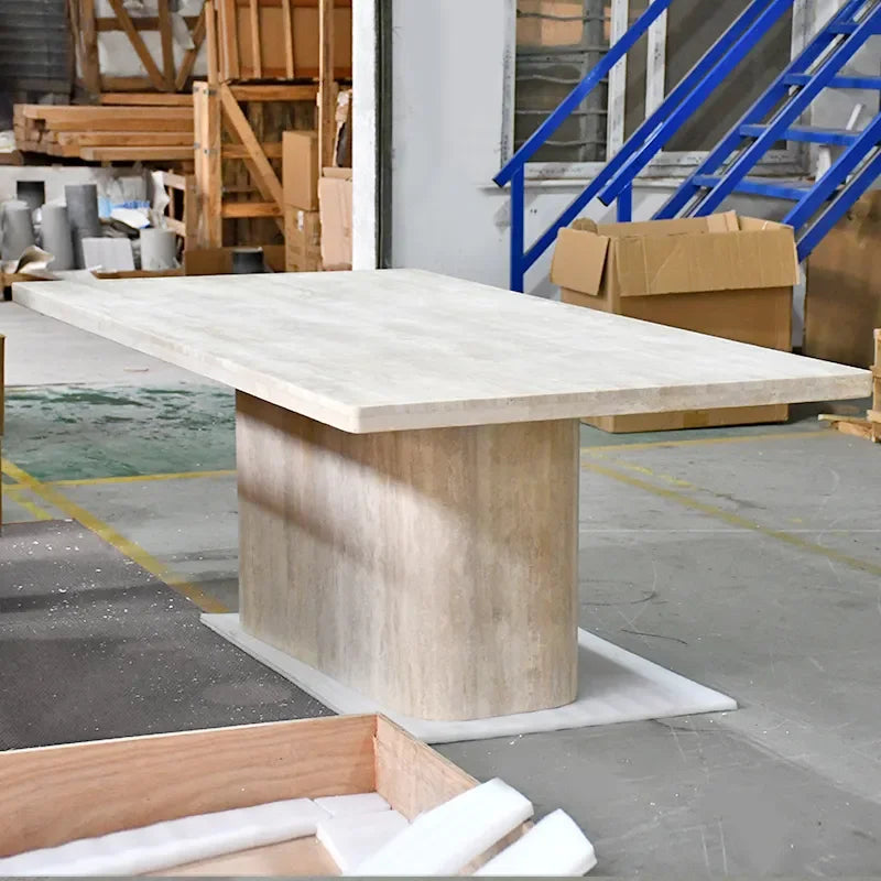Rectangular Travertine Coffee Table with Minimalist Block Base – Natural Stone Centerpiece | Luxury Dining Room