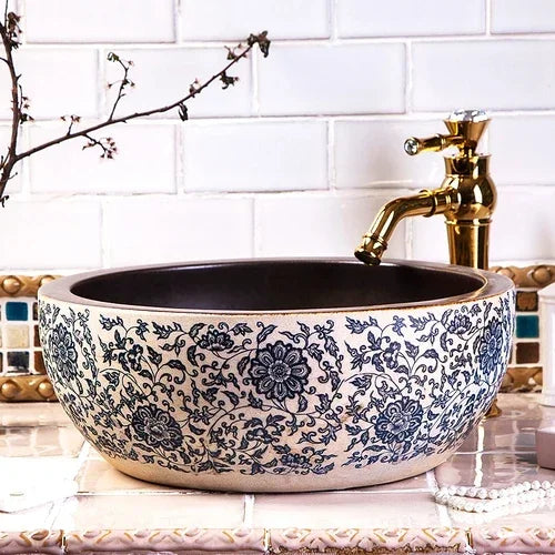 Rustic Floral Ceramic Vessel Sink | Luxury Bathrooms