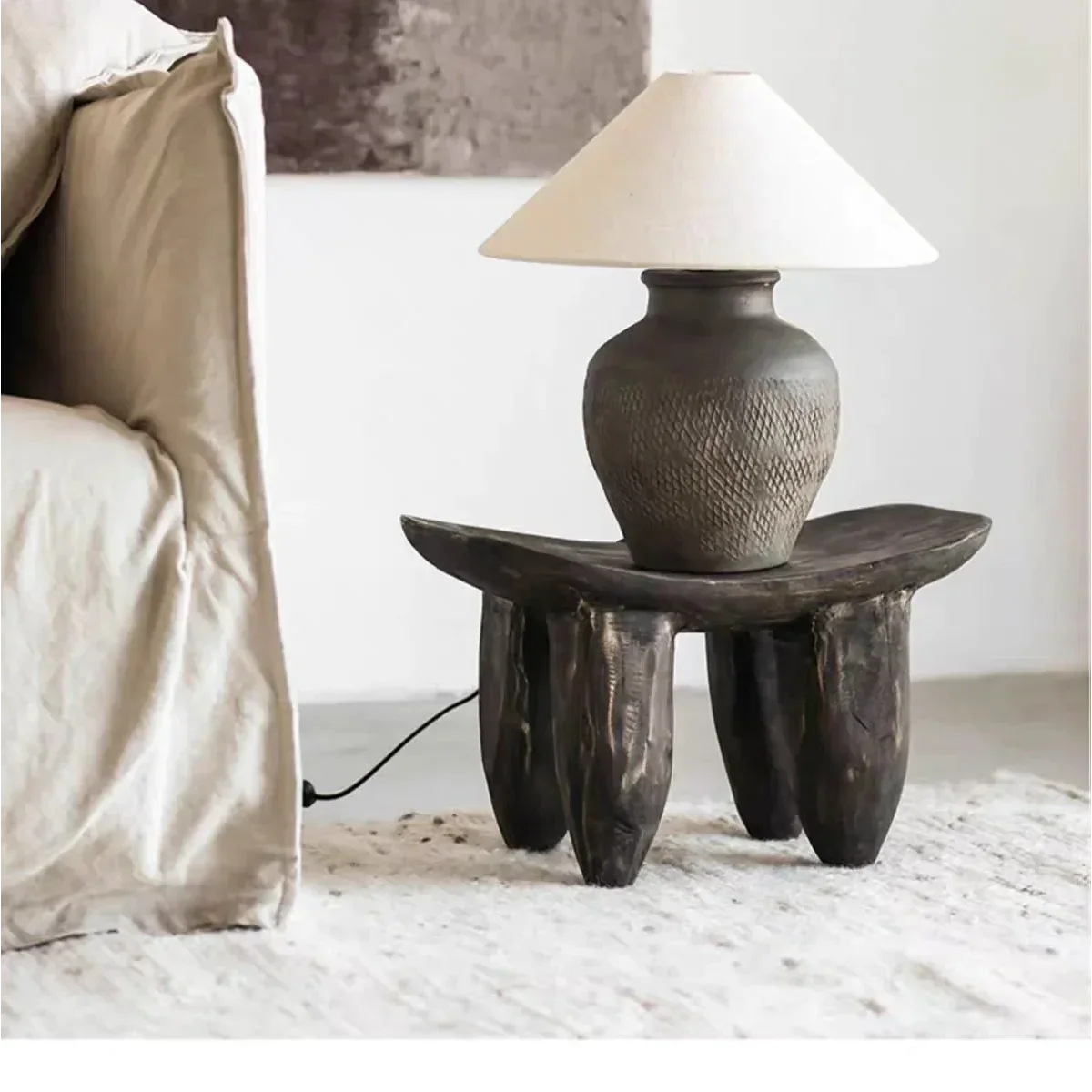 Rustic Hand-carved Wooden Stool | Japandi for Living Room or bedroom