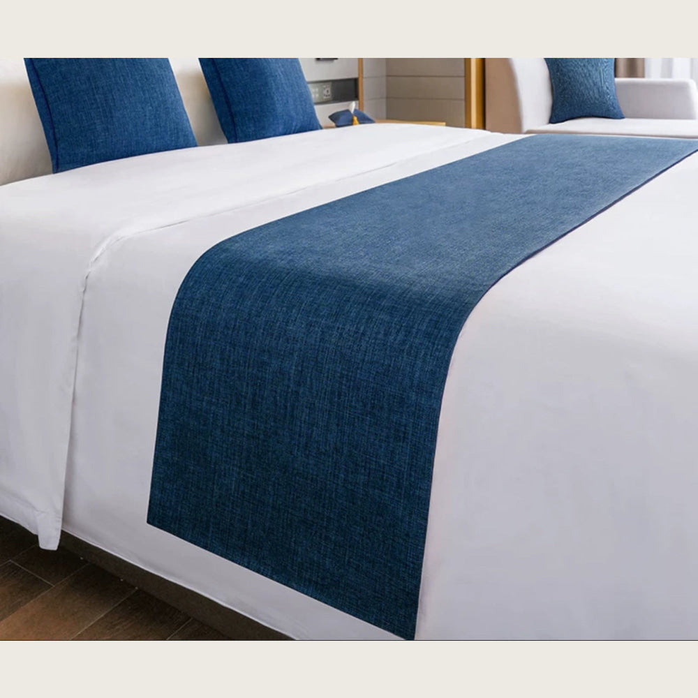 Luxury Hotel-style Bed Runner Set – Navy Blue Linen with Matching Pillow Covers