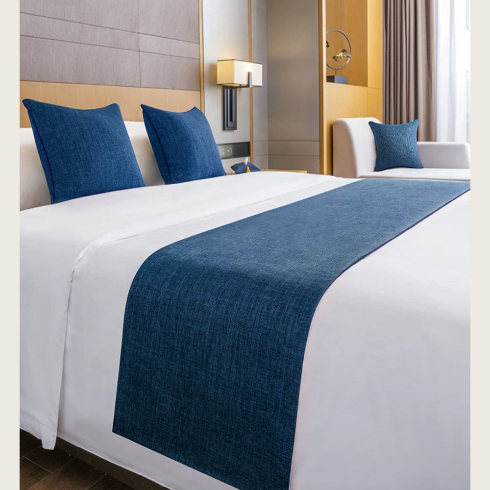 Luxury Hotel-style Bed Runner Set – Navy Blue Linen with Matching Pillow Covers