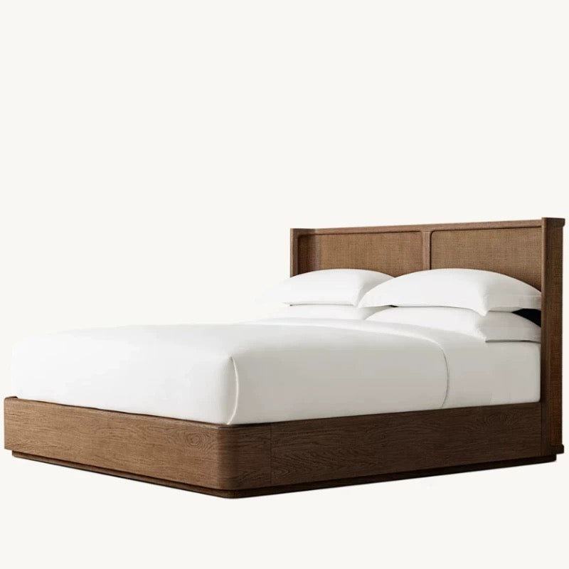 Solid Oak & Rattan Japandi Platform Bed Frame | HLMPrjp32 - Beds