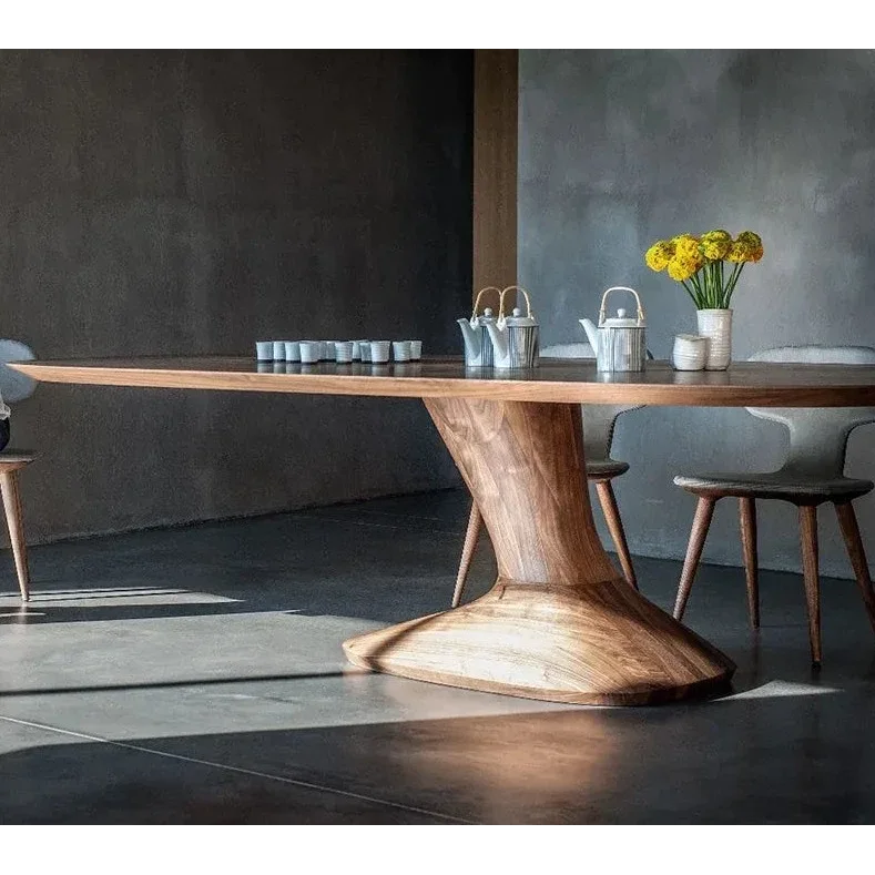 Solid Wood Modern Dining Table with Sculptural Pedestal Base – Rectangular Walnut Finish 8-10 Seater