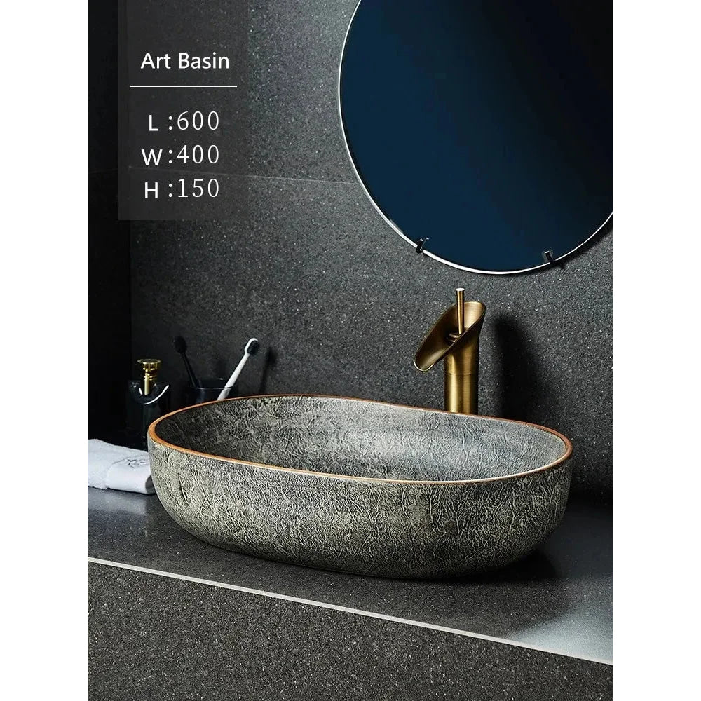 Modern Textured Stone Vessel Sink with Subtle Gold Accents | Luxury Bathroom