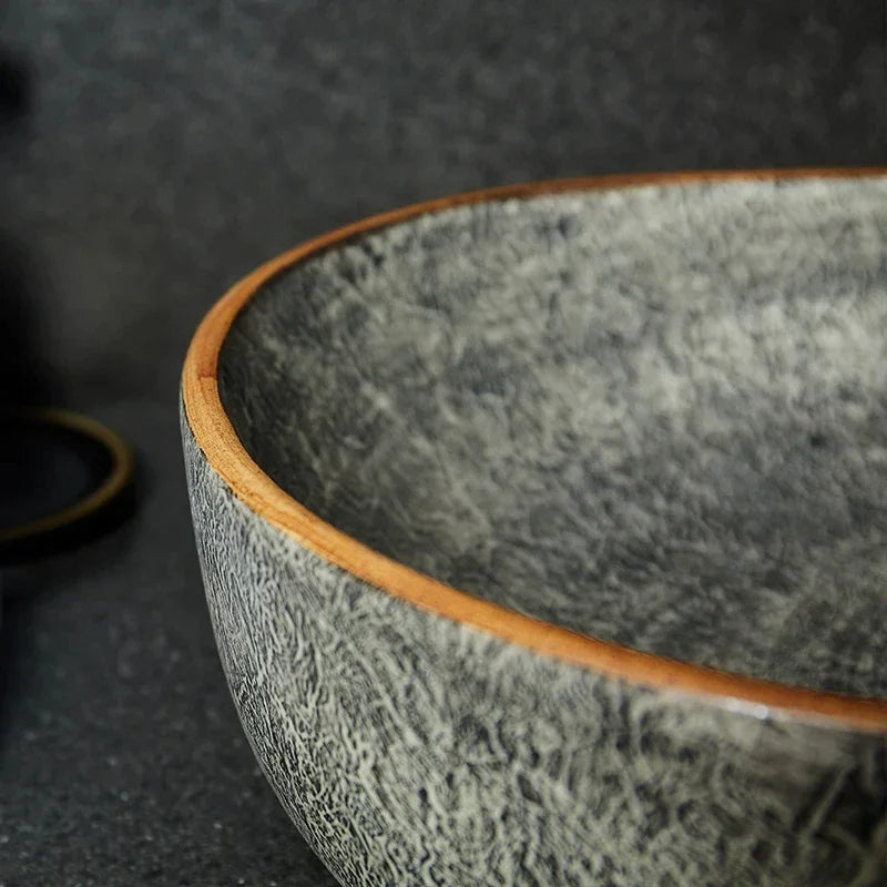 Modern Textured Stone Vessel Sink with Subtle Gold Accents | Luxury Bathroom