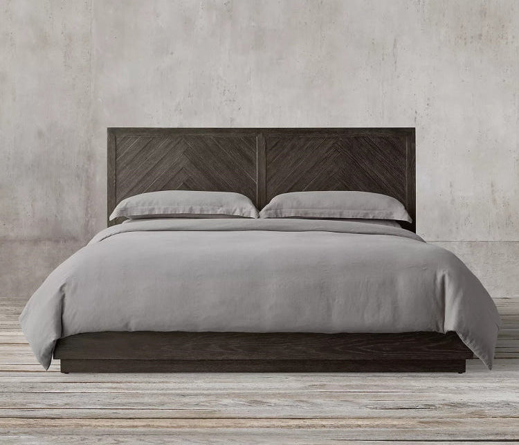 Solid oak chevron headboard platform bed Walnut | HLM-201 - Beds