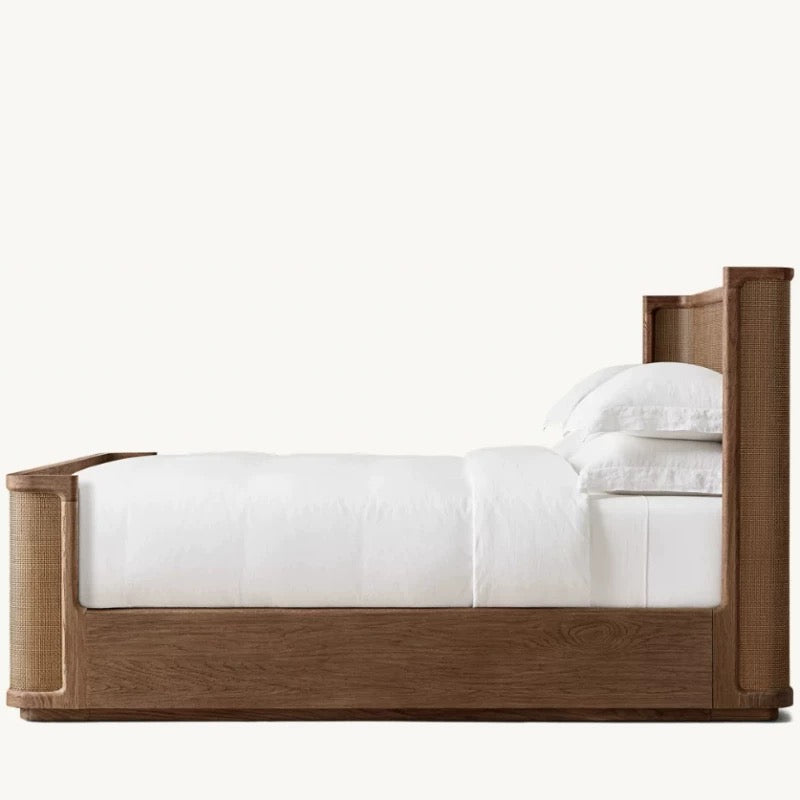 Solid Oak & Rattan Japandi Platform Bed Frame | HLMPrjp32 - Beds