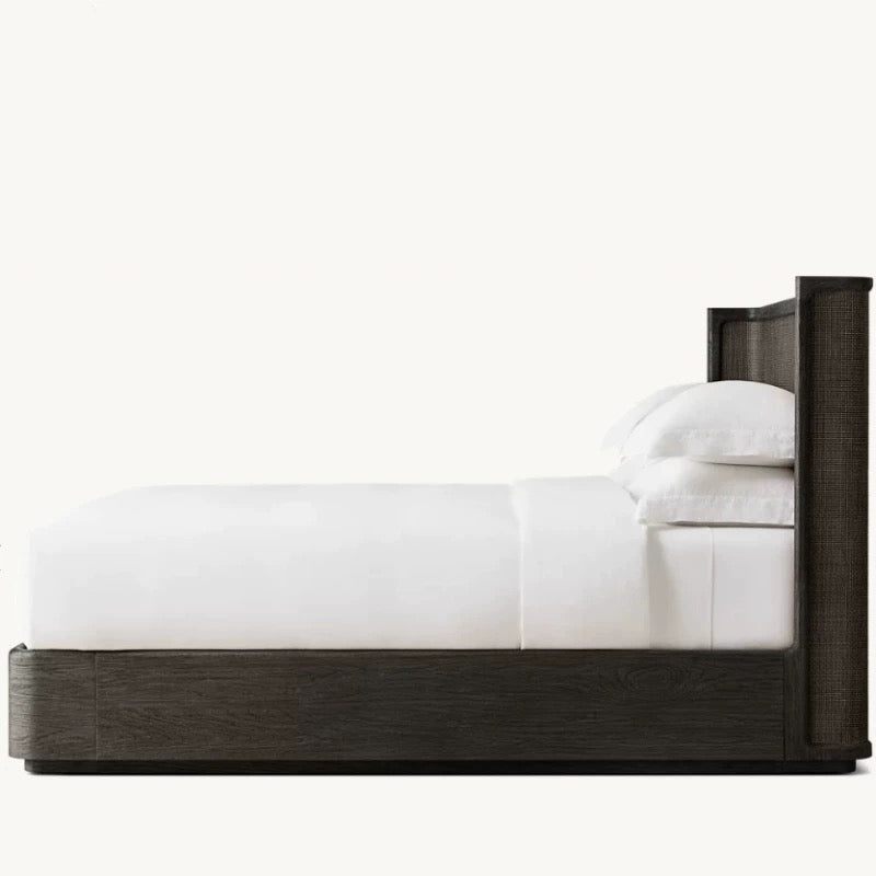 Solid Oak & Rattan Japandi Platform Bed Frame | HLMPrjp32 - Beds