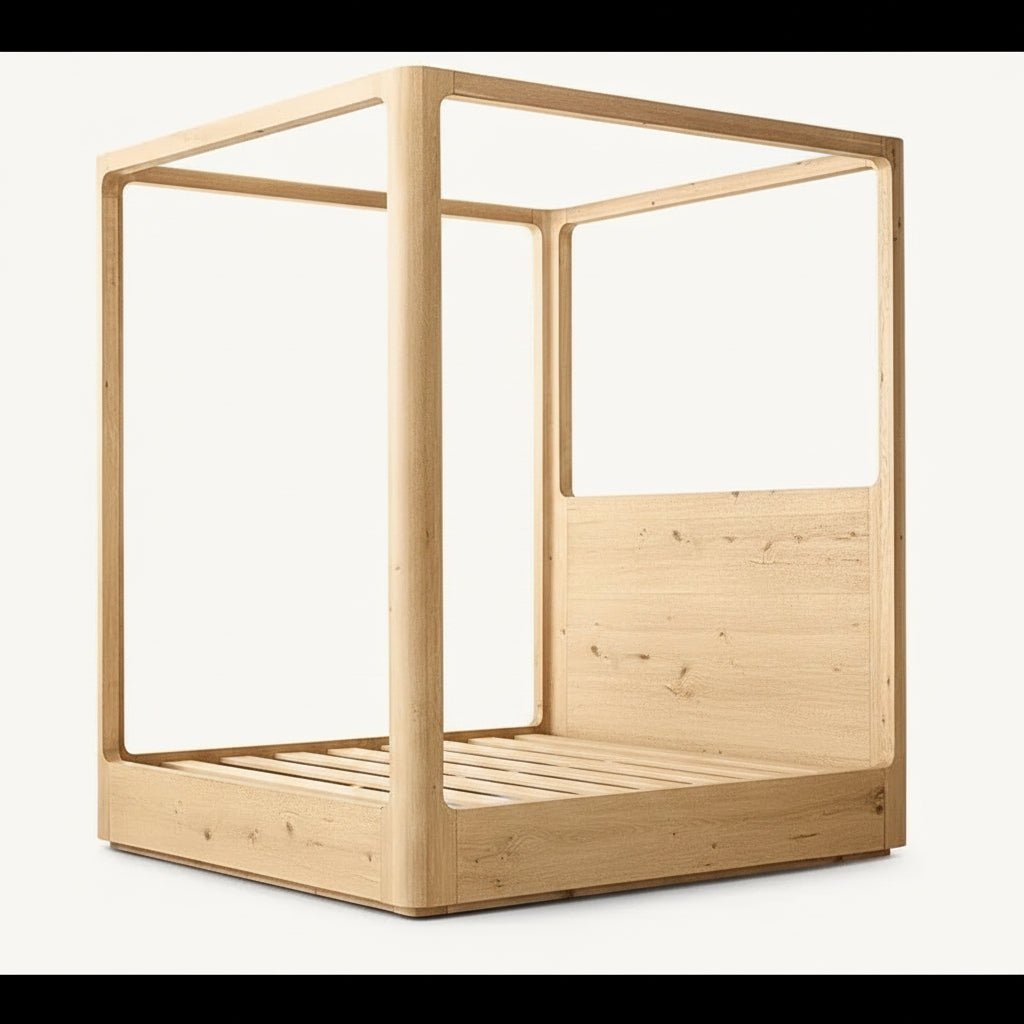 Modern Solid Oak Wood Canopy Bed – Minimalist Luxury Design with Walnut Finish