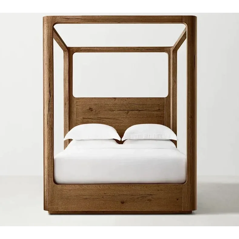 Modern Solid Oak Wood Canopy Bed – Minimalist Luxury Design with Walnut Finish