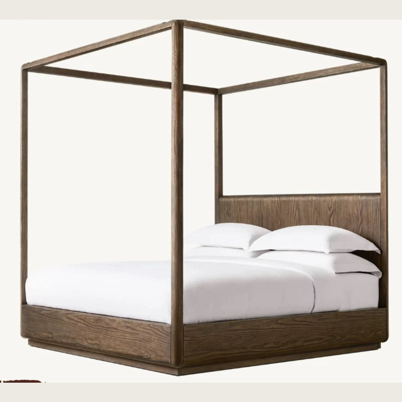 Modern Solid Oak Wood Canopy Bed – Minimalist Luxury Design with Walnut Finish