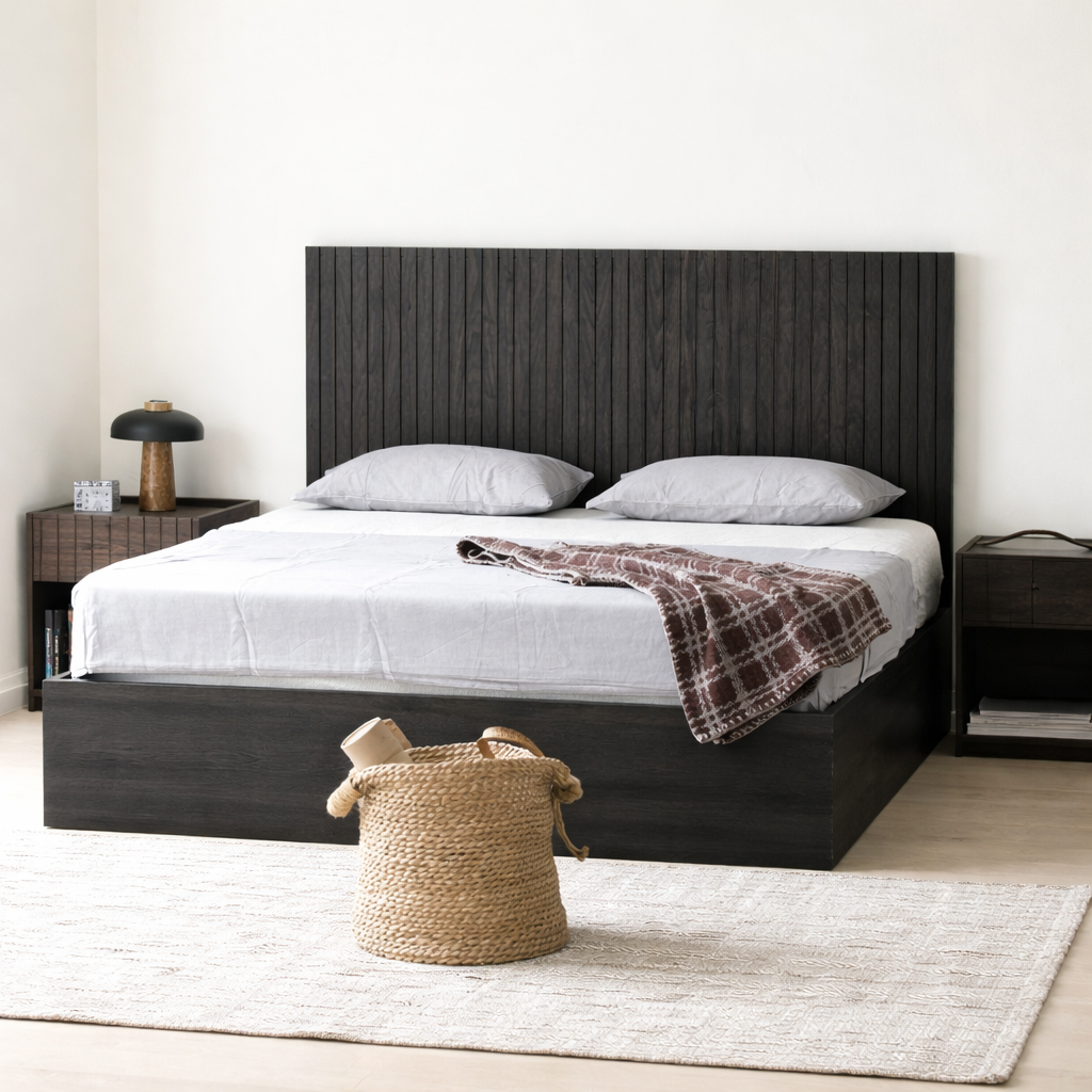The Kaldr Storage Bed | Black Oak Slatted Headboard
