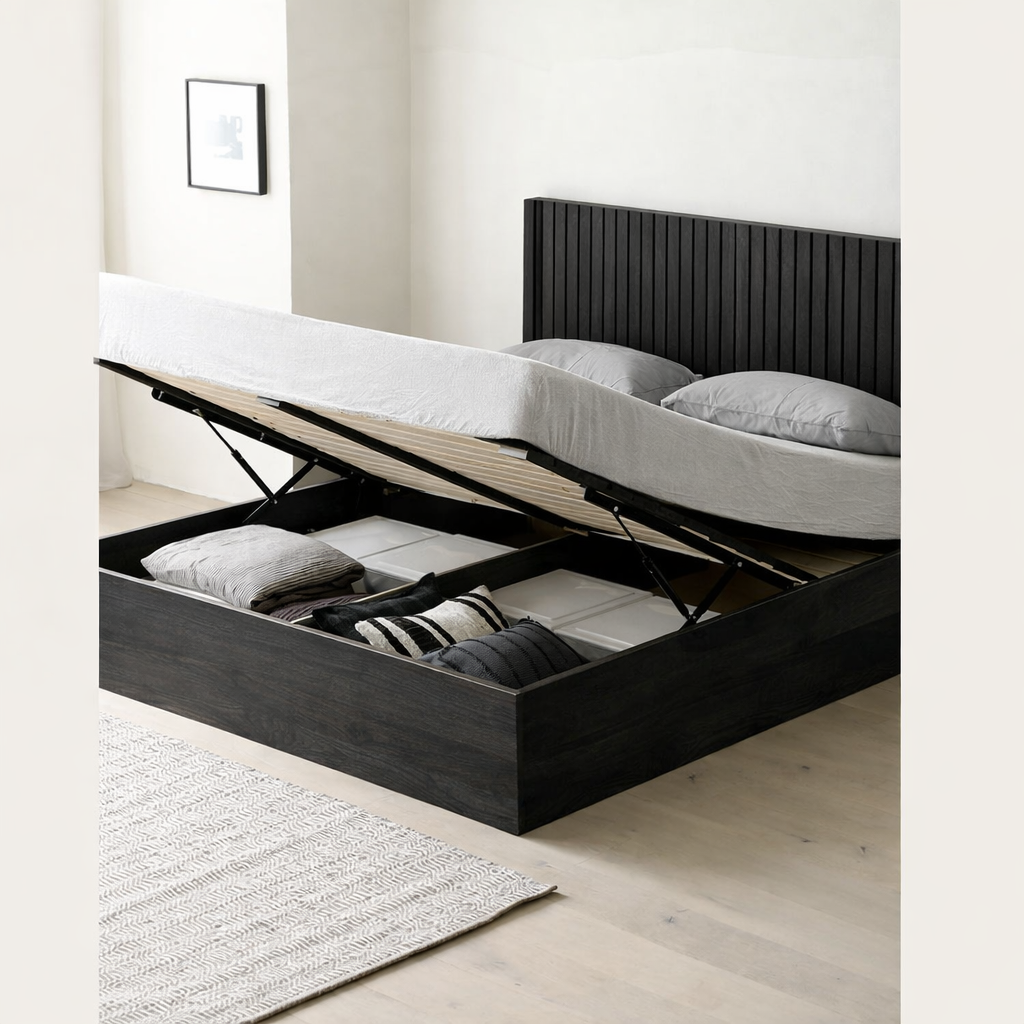 The Kaldr Storage Bed | Black Oak Slatted Headboard