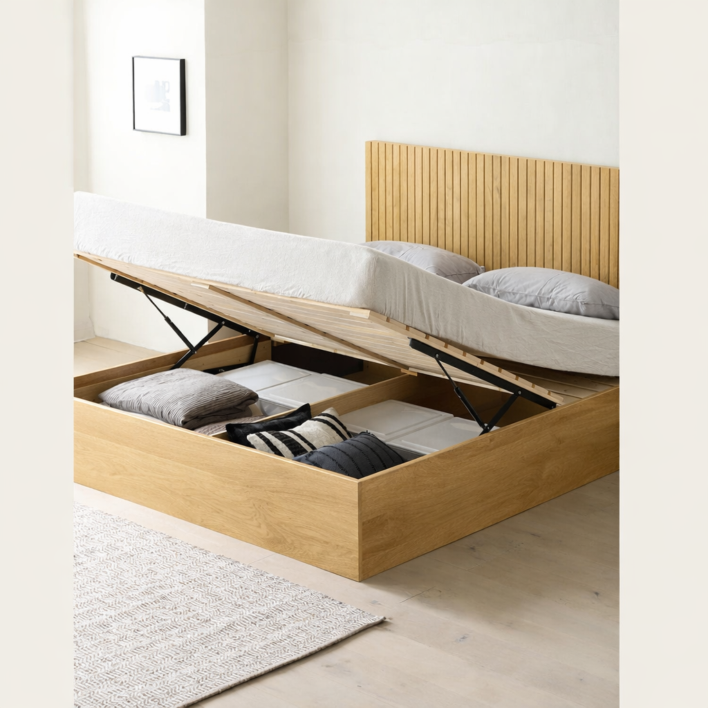 The Kaldr Storage Bed | Natural Oak Slatted Headboard