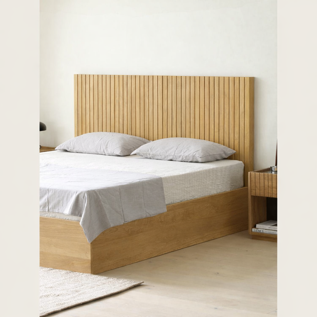 The Kaldr Storage Bed | Natural Oak Slatted Headboard
