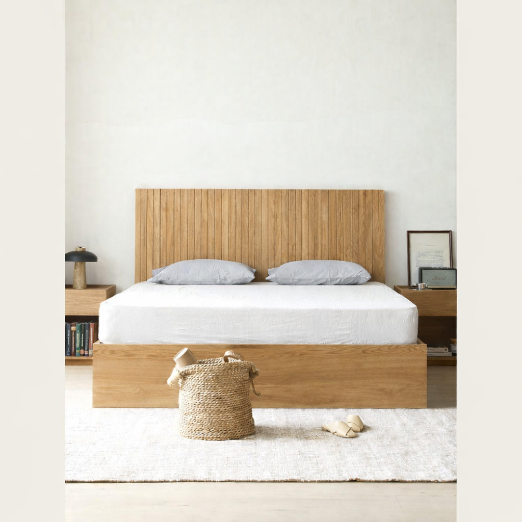 The Kaldr Storage Bed | Natural Oak Slatted Headboard