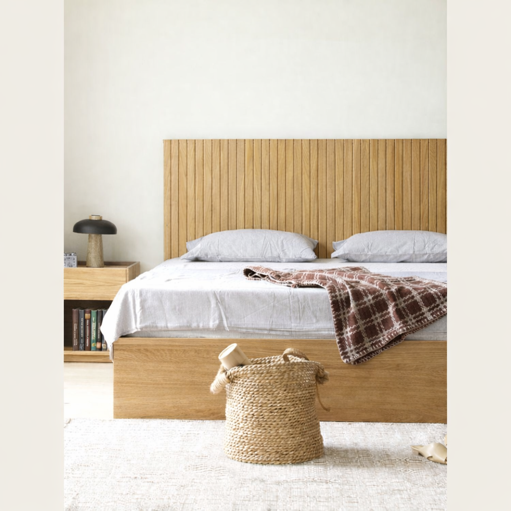 The Kaldr Storage Bed | Natural Oak Slatted Headboard