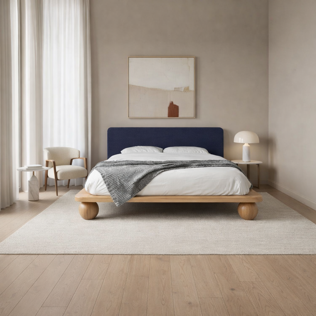 The Kurogane Platform Bed | Solid Light Oak Upholstered Headboard