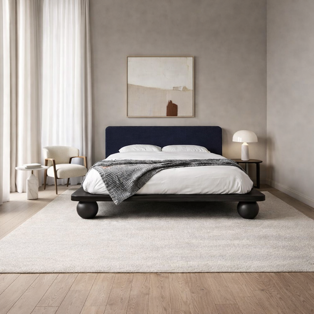 The Kurogane Platform Bed | Solid Black Oak Upholstered Headboard