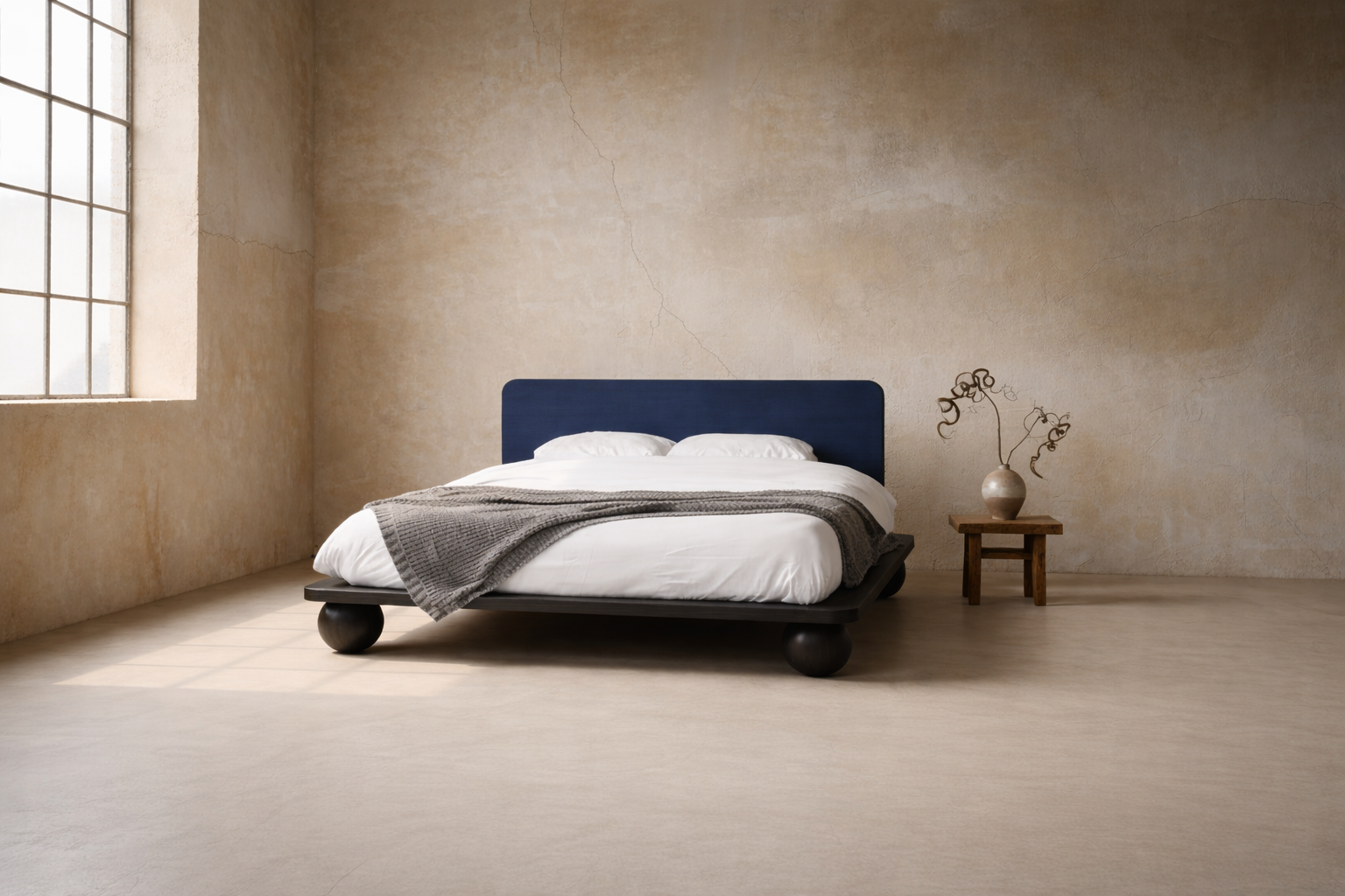The Kurogane Platform Bed | Solid Black Oak Upholstered Headboard