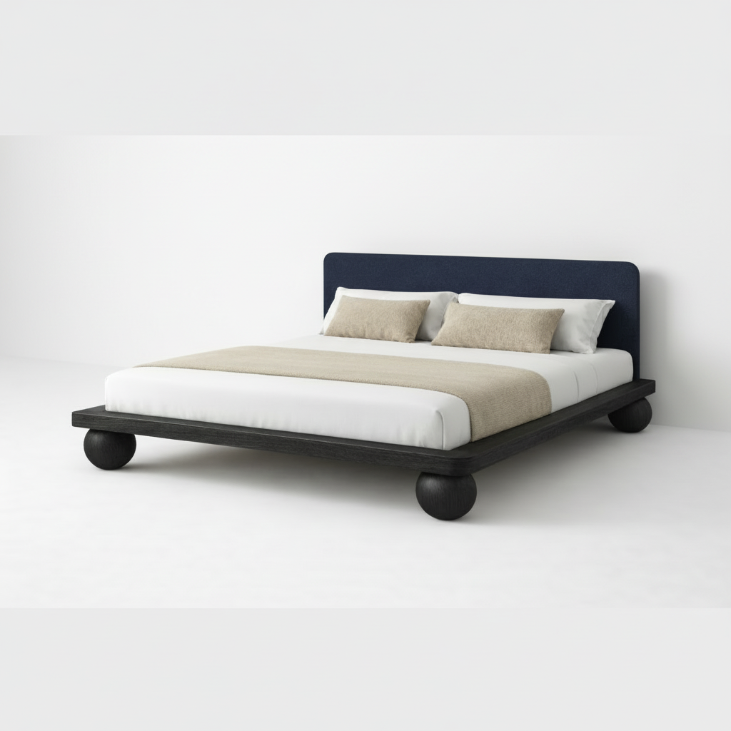 The Kurogane Platform Bed | Solid Black Oak Upholstered Headboard