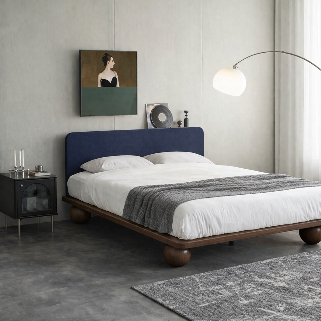The Kurogane Platform Bed | Solid Oak Walnut Finish Upholstered Headboard