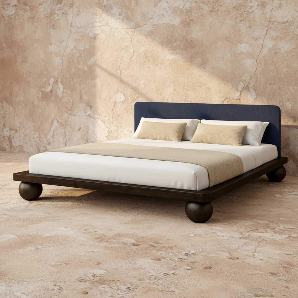 The Kurogane Platform Bed | Solid Oak Walnut Finish Upholstered Headboard
