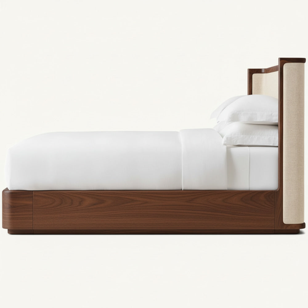 The Nordkapp Wingback Platform Upholstered Bed | Walnut Oak & Linen - Beds