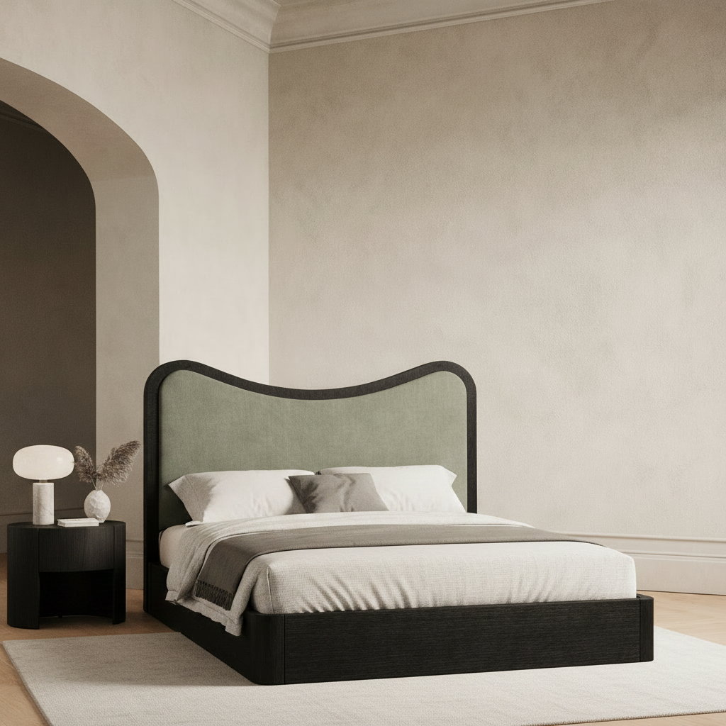 The Ondra Sculpted Bed | Solid Oak × Sage Velvet Upholstered Headboard
